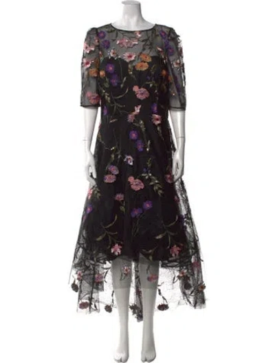 Pre-owned Teri Jon Floral Print Long Dress In Black