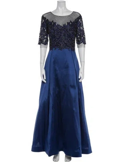 Pre-owned Teri Jon Floral Print Long Dress In Black/blue
