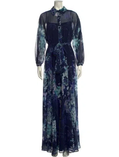 Pre-owned Teri Jon Floral Print Long Dress In Blue