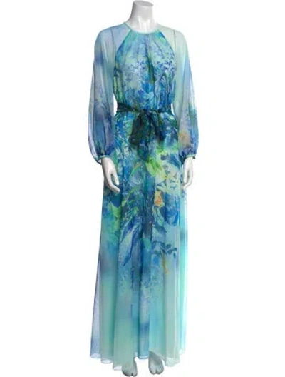 Pre-owned Teri Jon Floral Print Long Dress In Blue
