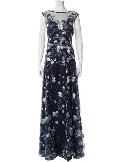 Pre-owned Teri Jon Floral Print Long Dress In Blue