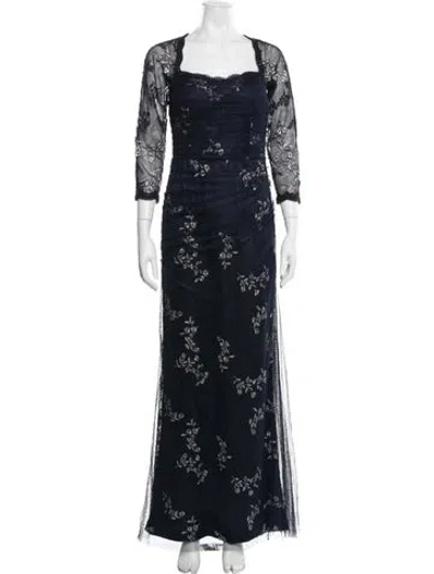 Pre-owned Teri Jon Floral Print Long Dress In Blue