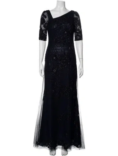 Pre-owned Teri Jon Floral Print Long Dress In Blue