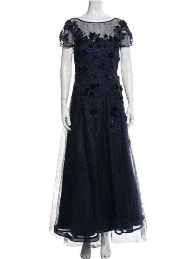 Pre-owned Teri Jon Floral Print Long Dress In Blue
