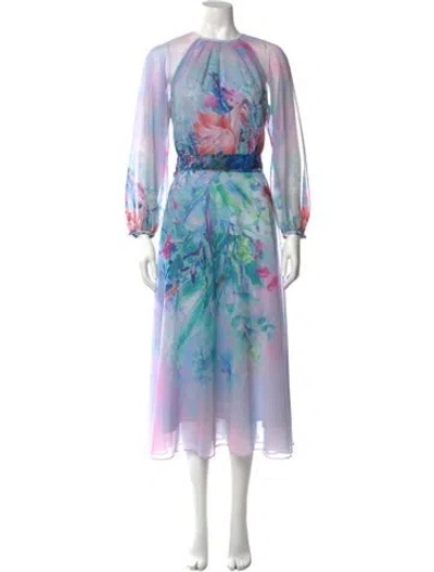 Pre-owned Teri Jon Floral Print Long Dress In Blue