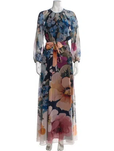 Pre-owned Teri Jon Floral Print Long Dress In Blue