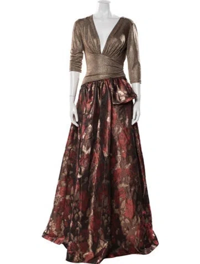 Pre-owned Teri Jon Floral Print Long Dress In Brown