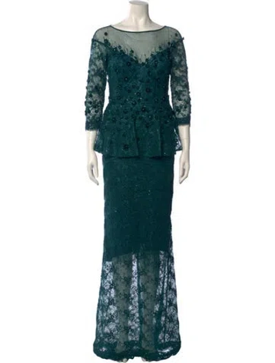 Pre-owned Teri Jon Floral Print Long Dress In Green