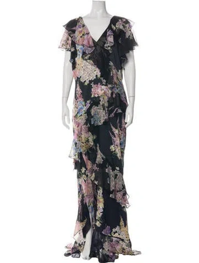 Pre-owned Teri Jon Floral Print Long Dress In Green
