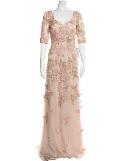 Pre-owned Teri Jon Floral Print Long Dress In Neutrals/pink