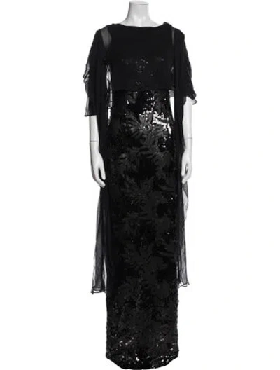 Pre-owned Teri Jon Floral Print Long Dress W/ Tags In Black