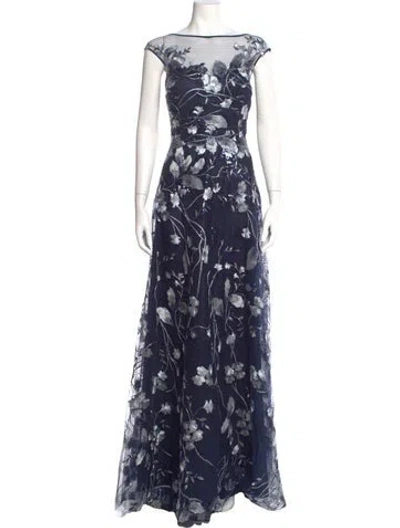 Pre-owned Teri Jon Floral Print Long Dress W/ Tags In Blue