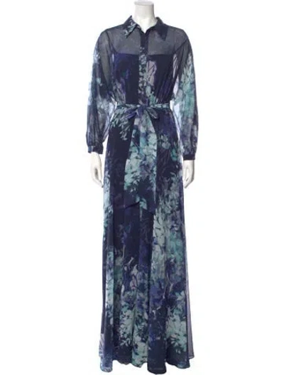 Pre-owned Teri Jon Floral Print Long Dress W/ Tags In Blue