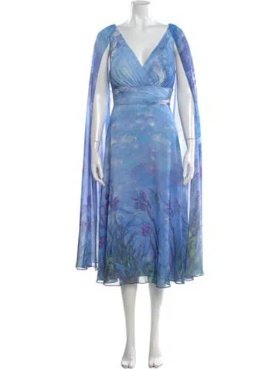 Pre-owned Teri Jon Floral Print Long Dress W/ Tags In Blue