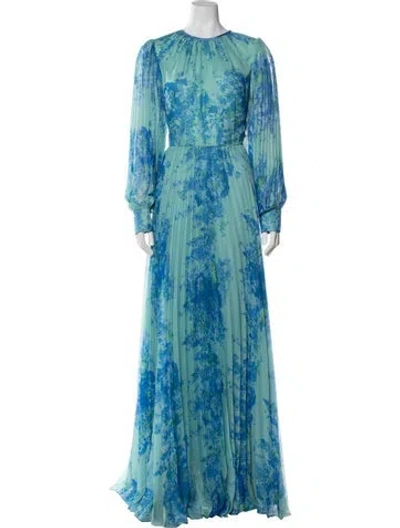 Pre-owned Teri Jon Floral Print Long Dress W/ Tags In Blue