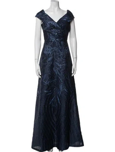 Pre-owned Teri Jon Floral Print Long Dress W/ Tags In Blue