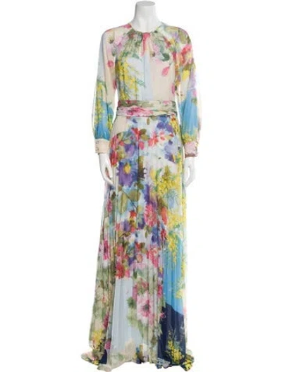 Pre-owned Teri Jon Floral Print Long Dress In White