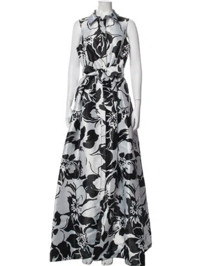 Pre-owned Teri Jon Floral Print Long Dress In White