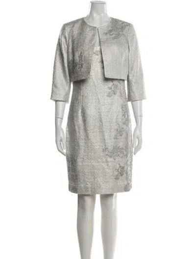 Pre-owned Teri Jon Floral Print Mesh Accents Dress Set In White