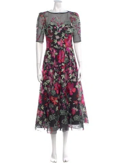 Pre-owned Teri Jon Floral Print Midi Length Dress In Black