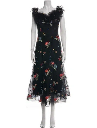 Pre-owned Teri Jon Floral Print Midi Length Dress In Black