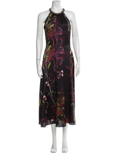 Pre-owned Teri Jon Floral Print Midi Length Dress In Black