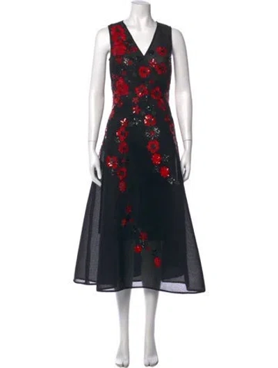 Pre-owned Teri Jon Floral Print Midi Length Dress In Black