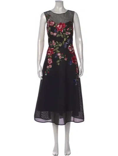 Pre-owned Teri Jon Floral Print Midi Length Dress In Black
