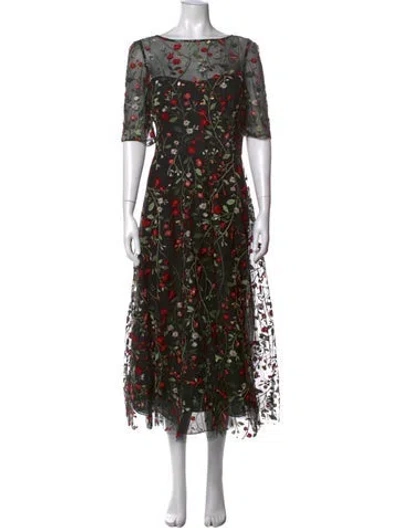 Pre-owned Teri Jon Floral Print Midi Length Dress In Black