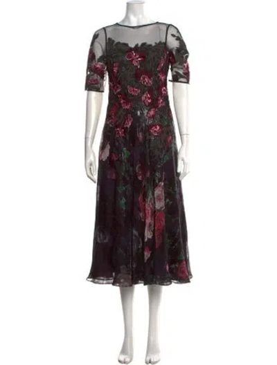 Pre-owned Teri Jon Floral Print Midi Length Dress In Black
