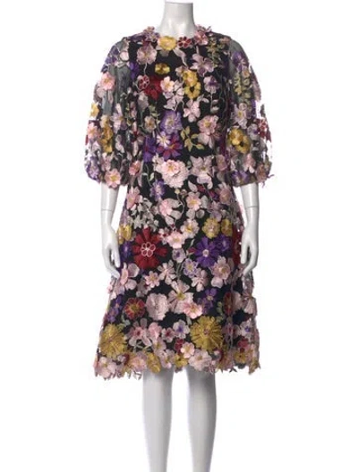 Pre-owned Teri Jon Floral Print Midi Length Dress In Black