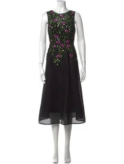 Pre-owned Teri Jon Floral Print Midi Length Dress In Black