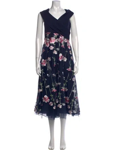 Pre-owned Teri Jon Floral Print Midi Length Dress In Blue