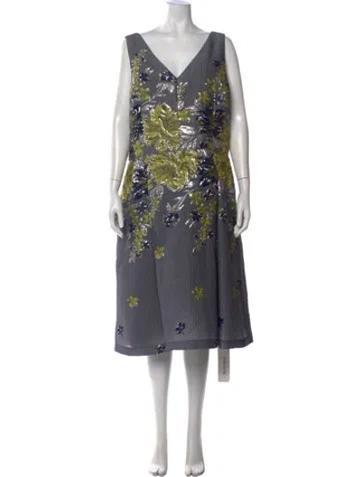 Pre-owned Teri Jon Floral Print Midi Length Dress In Gray