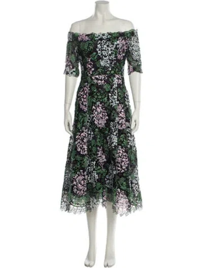 Pre-owned Teri Jon Floral Print Midi Length Dress In Green