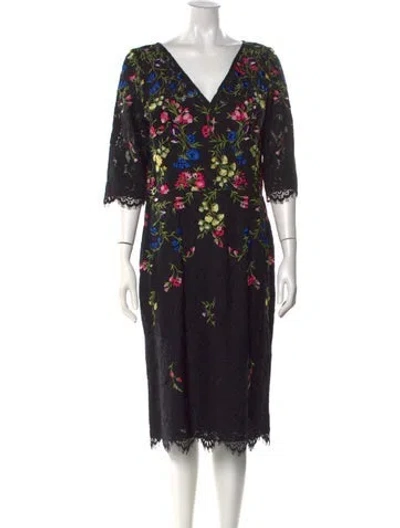 Pre-owned Teri Jon Floral Print Midi Length Dress W/ Tags In Black