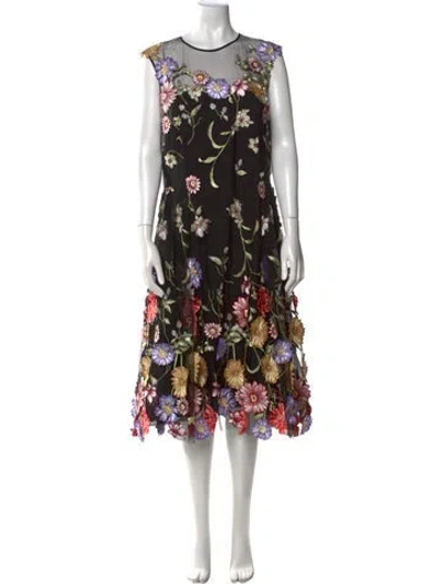 Pre-owned Teri Jon Floral Print Midi Length Dress W/ Tags In Black