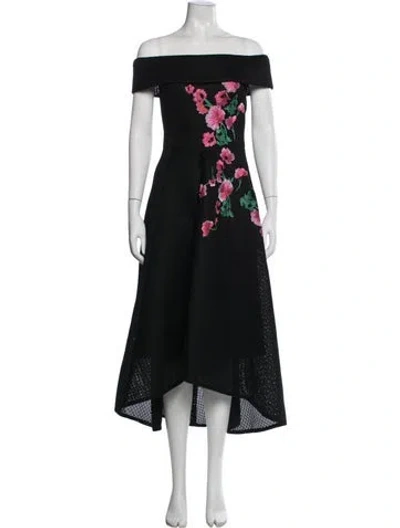 Pre-owned Teri Jon Floral Print Midi Length Dress W/ Tags In Black