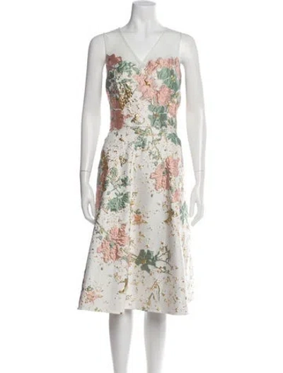 Pre-owned Teri Jon Floral Print Midi Length Dress In White