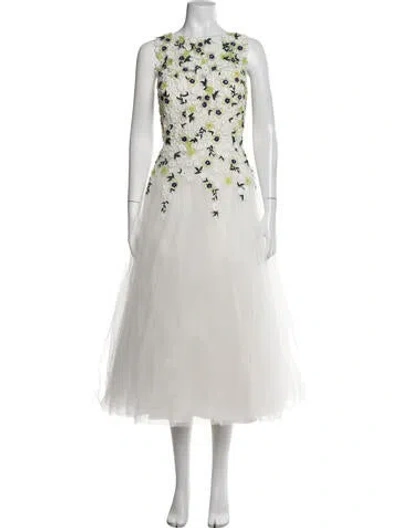 Pre-owned Teri Jon Floral Print Midi Length Dress In White