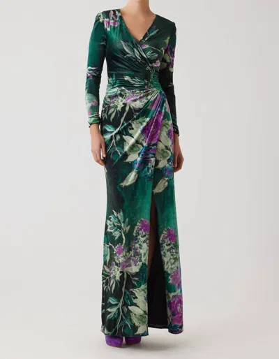 Teri Jon Floral Velvet Jewel Applique Gown In Green Multi