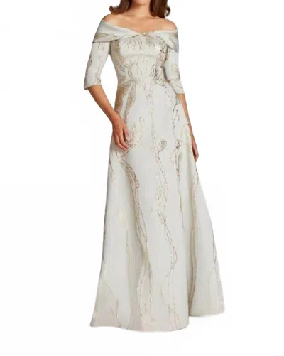 Teri Jon Folded Off Shoulder Jacquard Gown In Silver In White