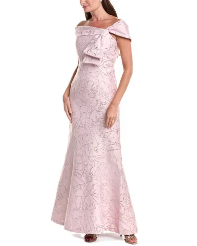 Teri Jon Jacquard Asymmetrical Off-shoulder Side Bow Godet In Pink