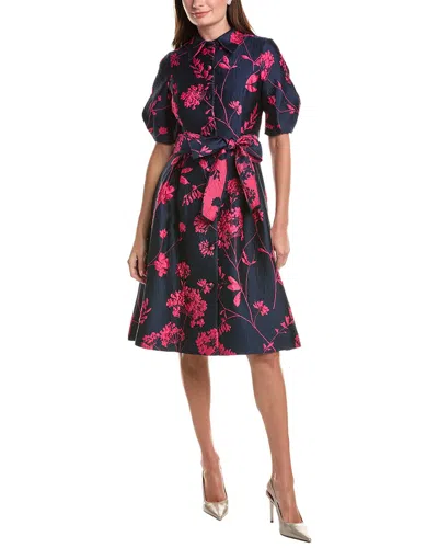 Teri Jon By Rickie Freeman Jacquard Puff Sleeve Floral Silk-blend Shirtdress In Multi