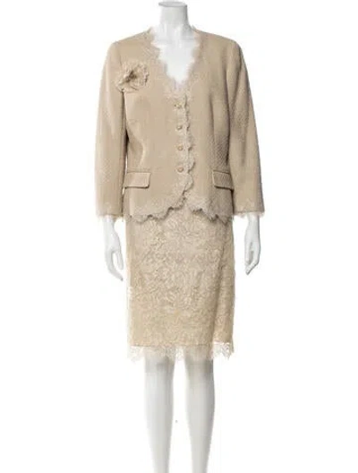 Pre-owned Teri Jon Lace Pattern Lace Trim Embellishment Skirt Set In Gold/neutrals
