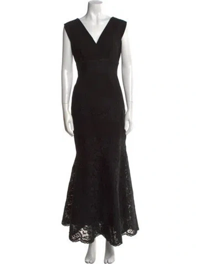 Pre-owned Teri Jon Lace Pattern Long Dress In Black
