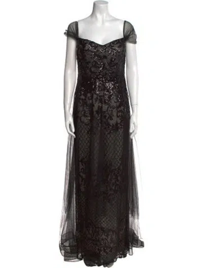 Pre-owned Teri Jon Lace Pattern Long Dress In Black