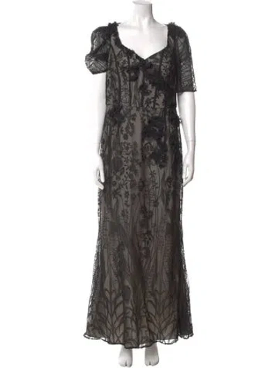 Pre-owned Teri Jon Lace Pattern Long Dress In Black