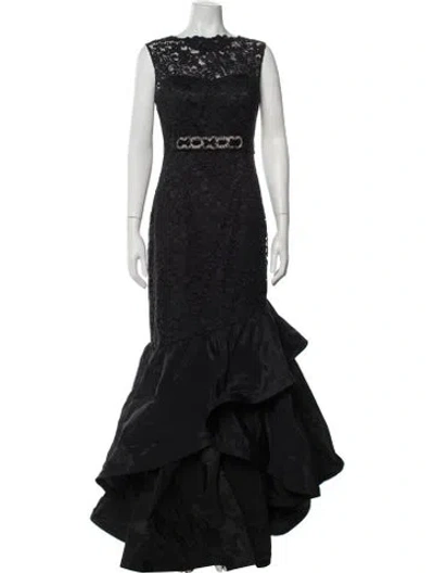 Pre-owned Teri Jon Lace Pattern Long Dress In Black/metallic