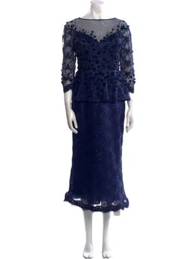 Pre-owned Teri Jon Lace Pattern Long Dress In Blue